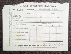 1911 GWR Small Heath to Birmingham Excess Fare Ticket Issued at Bordesley - Picture 1 of 1