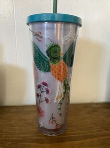 Starbucks Quetzal Bird Flowers Floral Acrylic Tumbler Venti 24 Oz Teal Lid FLAW - Picture 1 of 12