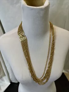 Vtg Crown Trifari Gold Tone Multi Chain Necklace w/ Statement Clasp - Picture 1 of 8