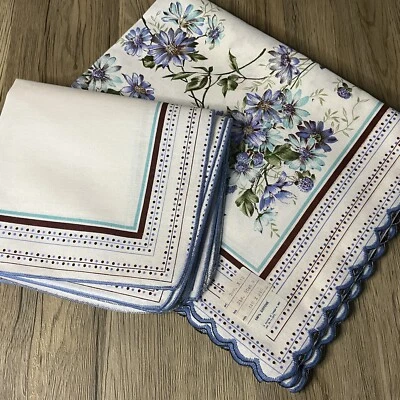 Italian Blue Floral Scalloped Edge 55" x 95" Cotton Tablecloth & 12 Napkins Set - Image 1 of 4