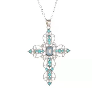 Women Bohemian Baroque Necklace Retro Crystal Hollow Cross Flowers Pendant 0397 - Picture 1 of 10