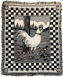 Schwarz & Weiß Hahn Bauernhaus umgekehrt gewebt Überwurf Schoß Decke Wandbehang 58x48 - Bild 1 von 9