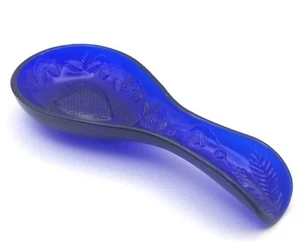 Spoon Rest Vintage Cobalt Blue Glass Utensil Holder Embossed Strawberry Pattern - Picture 1 of 7