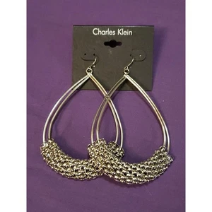 Charles Klein Large Double Teardrop Earrings Popcorn Mesh Wrap Silver Tone, NWT - Picture 1 of 9
