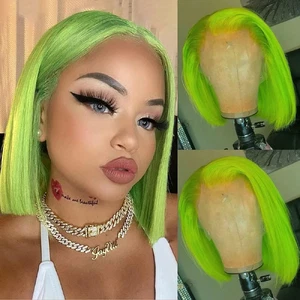 13×4 Lace Front Wigs Short Bob Wigs Green Colored Wig Virgin Human Hair Pre Pluc - Picture 1 of 12