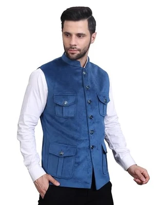 Chaqueta de recepción de terciopelo azul de 4 bolsillos para hombre Chaleco estilo indio Chaqueta Foto 1 de 4