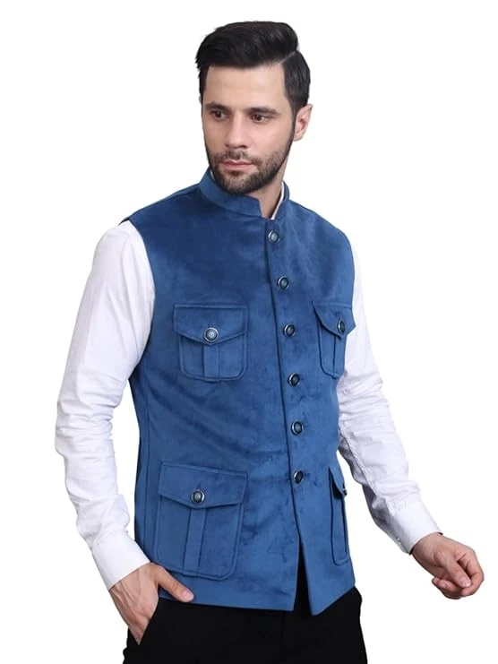 Chaqueta de recepción de terciopelo azul de 4 bolsillos para hombre Chaleco estilo indio Chaqueta Foto 1 de 4
