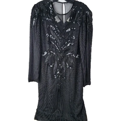 Stenay Womens Vintage Sequin Beaded Silk Dress Size 10 80s Back LS Evening - Image 1 of 4