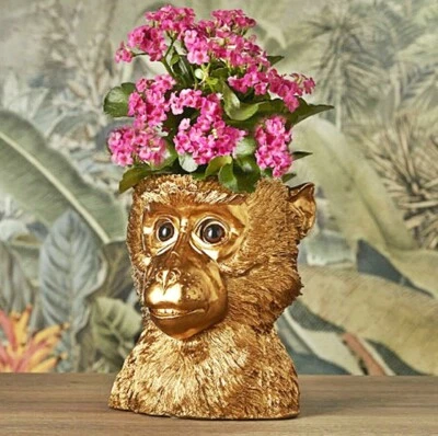 ❀ Pflanztopf Affe Kopf Gold Übertopf Büste 22,5 cm Blumentopf Affenkopf #HoR - Bild 1 von 4