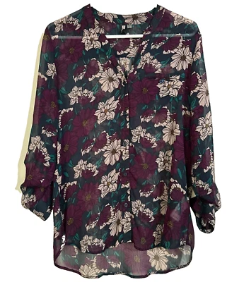 Blusa Kut Botón Transparente Púrpura Floral Vestido Camisa Top Manga Larga Rodante Mediana Foto 1 de 4