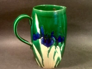Antique Meiji Awaji Pottery Blue & White Iris on Green Pitcher Japan c.1870s - Picture 1 of 8
