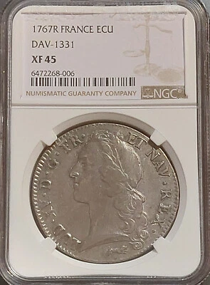 1767 R FRANCE Antique Silver Ecu DAV-1331 Louis XV NGC XF45 Full Grade Coin - Image 1 of 4