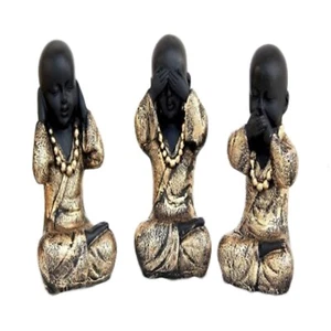 Set of 3 Baby Monk Buddha Showpiece Black Gold Resin Decorative Gift 12cm - Picture 1 of 5