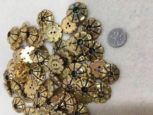 Antique Brass Plated Raised 6-Petal two-Hole Buttons Sew Coat Jacket Vintage/NOS - Picture 1 of 4