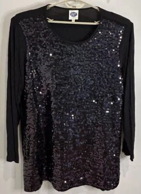 DG2 Diane Gilman Black Tunic Shirt Long Sleeve Full Sequin Front Size 2X - Image 1 of 4
