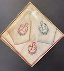 NOS Vintage Monogram “L” Handkerchiefs Orig Box Petit Embroidered Flowers READ