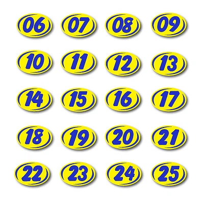 PEGATINAS PARABRISAS PEQUEÑAS OVALADAS DE 2 DÍGITOS PARA PARABRISAS VINILO NÚMERO CALCOMANÍAS PAQUETE DE DOCENAS Foto 1 de 4