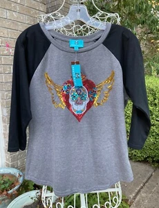 NWT HEB SOUTH MAIN BLACK/GRAY "FLAMING HEART w/SKULL" SEQUIN TEE SZ L - Picture 1 of 6