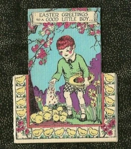OSTERKARTE 1931 für einen guten kleinen JUNGEN, DER KÜKEN FÜTTERT, wiederholt KÜKENRAND - Bild 1 von 4