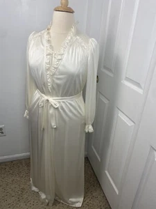 Vintage Miss Elaine Silky Long Nightgown Robe Set Ecru Romantic 1980s READ - Picture 1 of 24