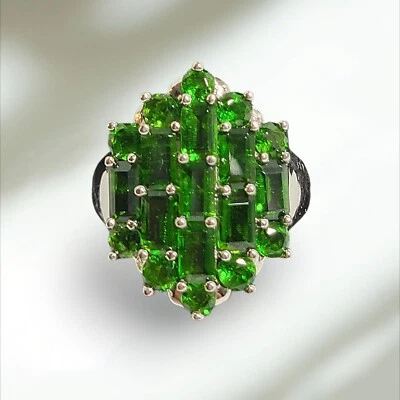 Anel aglomerado baguete cromado diópsido prata esterlina 925 tamanho 6,5 - Imagem 1 de 4