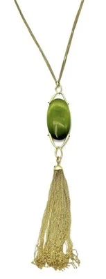 Lia Sophia Kiam Family “Elena” Green Cat’s Eye Gold Tone Tassel Y-Drop Necklace - Image 1 of 4