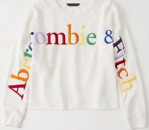 Sudadera corta con logotipo de Abercrombie & Fitch Crew blanca letras arco iris talla XS - Imagen 1 de 7