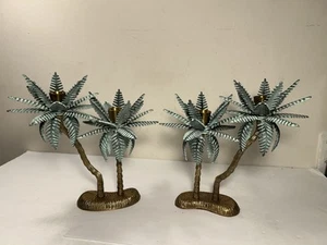 Brass Palm Trees Candlestick Holders Tropical Beach Tiki Decor Set Of 2 - Foto 1 di 20