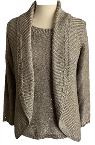 Womens Chicos Special Occasion Cardigan Sweater Tank Top Sequins Taupe Sz 1 - Picture 1 of 17