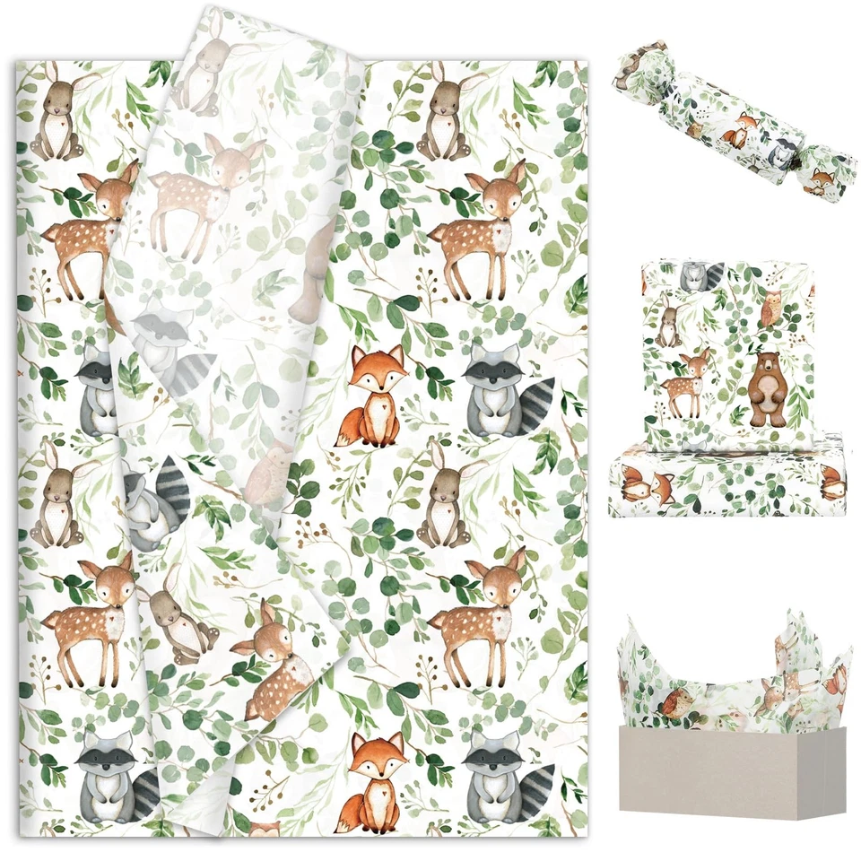 100 Sheets Woodland Animal Tissue Paper Eucalyptus Forest Animal Gift Wrappin... - Image 1 of 4