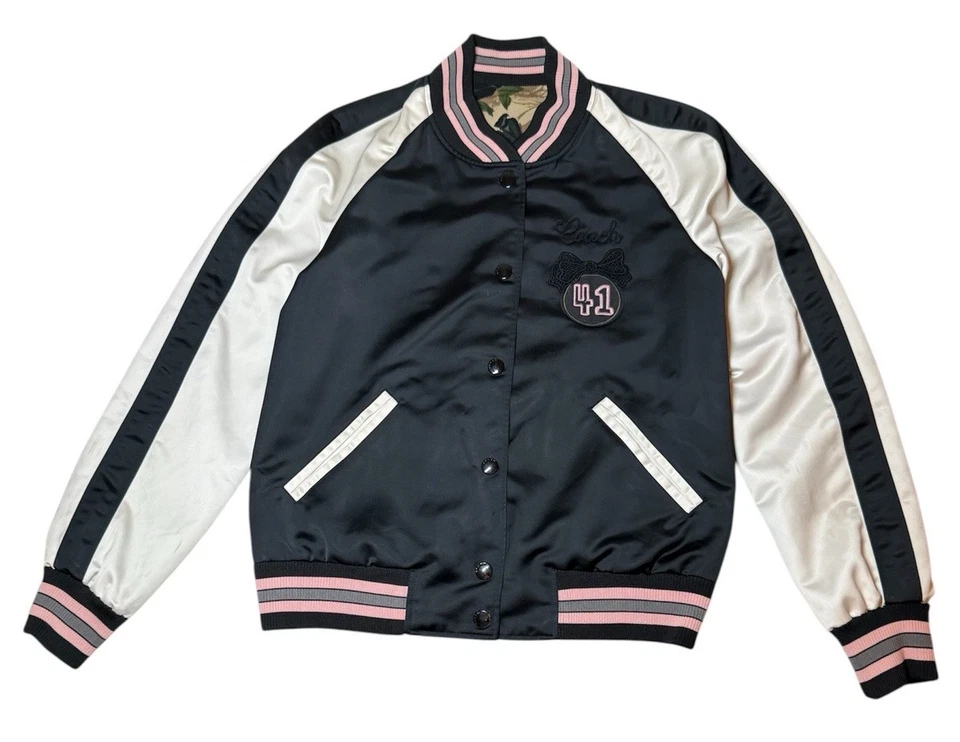 Chaqueta Universitaria COACH Mujer Bomber REVERSIBLE Estampado Floral Bloques de Color Satinado S Foto 1 de 4