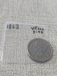 1853 geflochtenes Haar großer Cent ss+++ Gruben - Bild 1 von 3