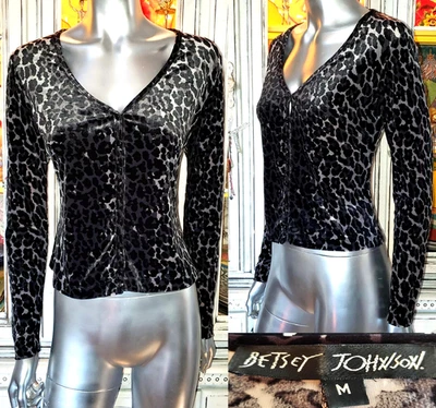 Vintage Betsey Johnson Black Silver Leopard Velvet Top Cardigan Dress Jacket M - Image 1 of 4