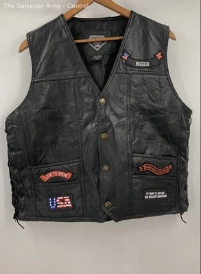 Chaleco de motocicleta sin mangas de cuero de búfalo negro con placa de diamante para hombre talla 2X Foto 1 de 4