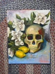 Vtg Original Mid Century Painting on Board - Still Life with Human Skull Signed - Picture 1 of 11
