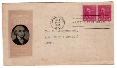 #808 Presidential Series 4c James Madison 1938 FDC - Ioor to Aden - Image 1 of 2