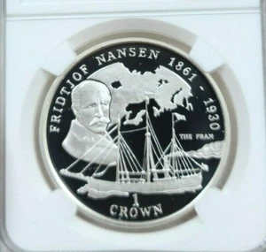 1997 ISLE OF MAN SILVER 1 CROWN FRIDTJOF NANSEN NGC PF 69 ULTRA CAMEO TOP POP - Picture 1 of 4