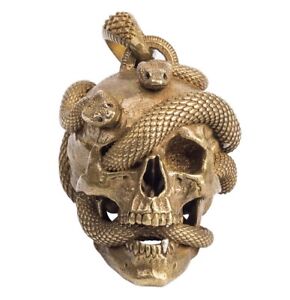 Brass Snake Skull Head Silver Tooth Statue Pendant Chain Ornament