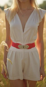 Women Coral Elastic Thin Belt Hip Waist Gold Metal Eye Buckle Pearl Beads S M - Picture 1 of 22