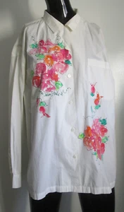 Camicia tunica Arleen Bowman mento mento taglia L 100% cotone bianco dipinto a mano floreale - Foto 1 di 7