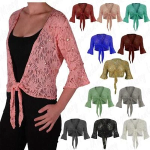 Womens Ladies Plus Size 3/4 Sleeve Floral Lace Sequin Bolero Tie Up Shrug 12-26 - Picture 1 of 13
