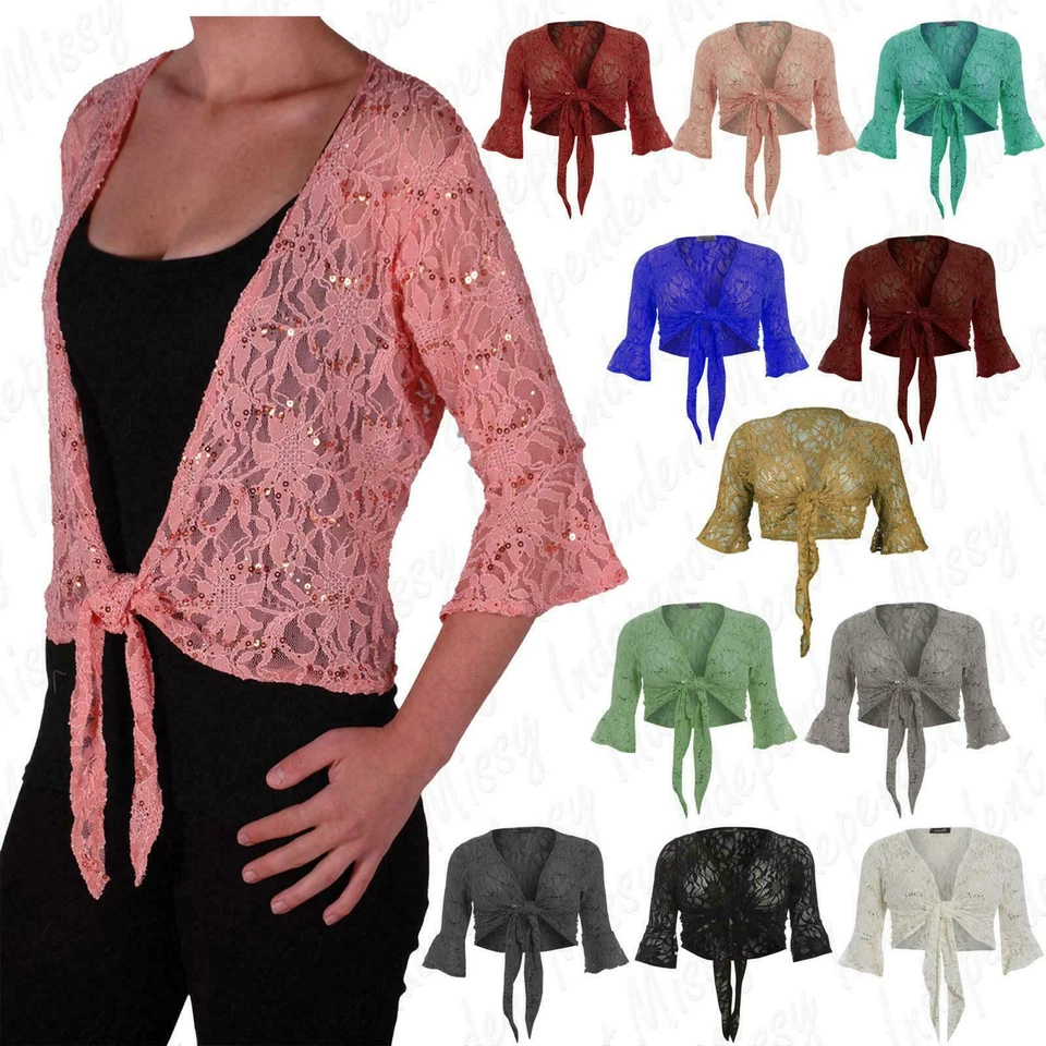 Womens Ladies Plus Size 3/4 Sleeve Floral Lace Sequin Bolero Tie Up Shrug 12-26 - Image 1 of 1