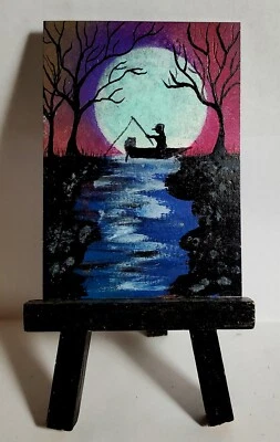 Aceo Original Painting The Night Fisherman  - Image 1 of 2