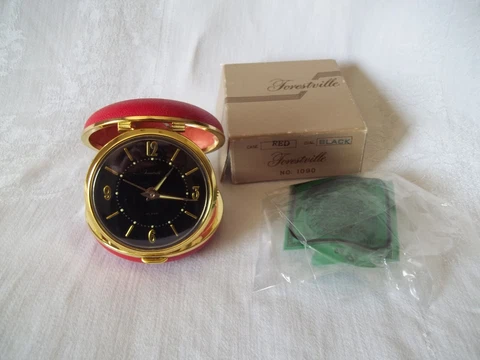 Rare Vintage Red Travel Alarm Clock Wind-Up Forestville Germany  Working Box Cover