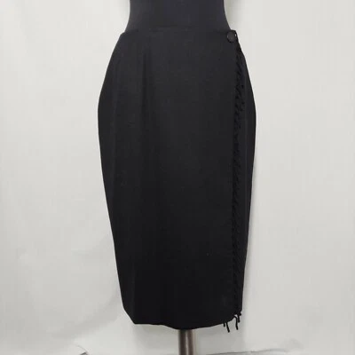 Falda envolvente de lana Lord Taylor 10 botones con flecos negros recta dinero antiguo lujo     Foto 1 de 4