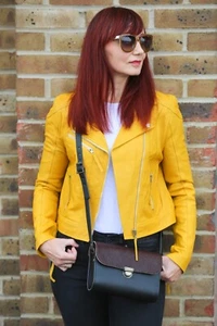Yellow Soft Leather Women's Smart Classic Fitted Biker Jacket - Picture 1 of 4