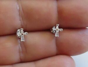 925 STERLING SILVER CROSS STUD EARRINGS WITH BAGUETTE ACCENTS/ 8MM BY 7MM
