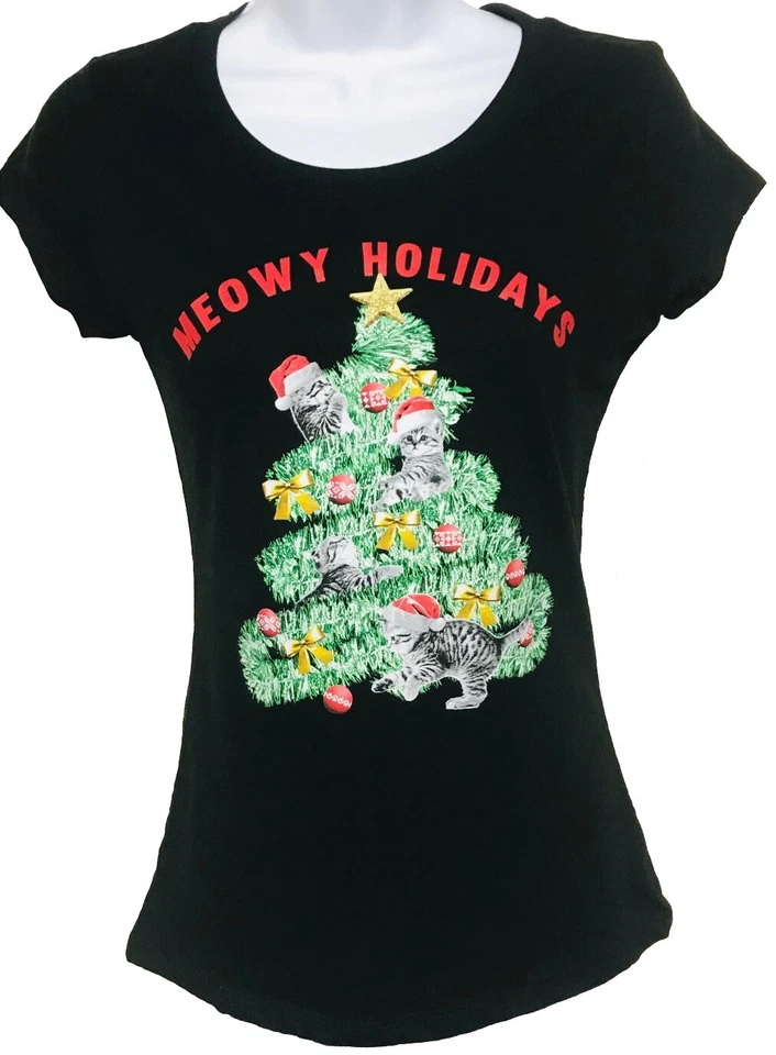 Wound up Meowy Holidays Black Short Sleeve Tee Shirt Sz M (7-9)