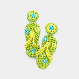 NEW Cute Mini Green Floral Pattern Sandals Flip Flop Thong Seed Bead Earrings - Picture 1 of 1