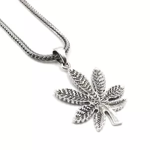 Collana 55 cm con ciondolo argento 925 fumatore gioiello foglia di canapa massiccia marijuana - Foto 1 di 11